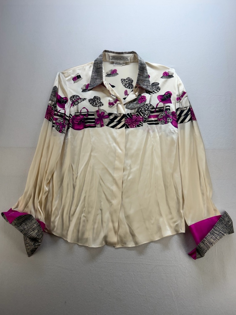 Vintage STARINGTON Cream 100% Silk Printed Button-Front Blouse with Pink Accents